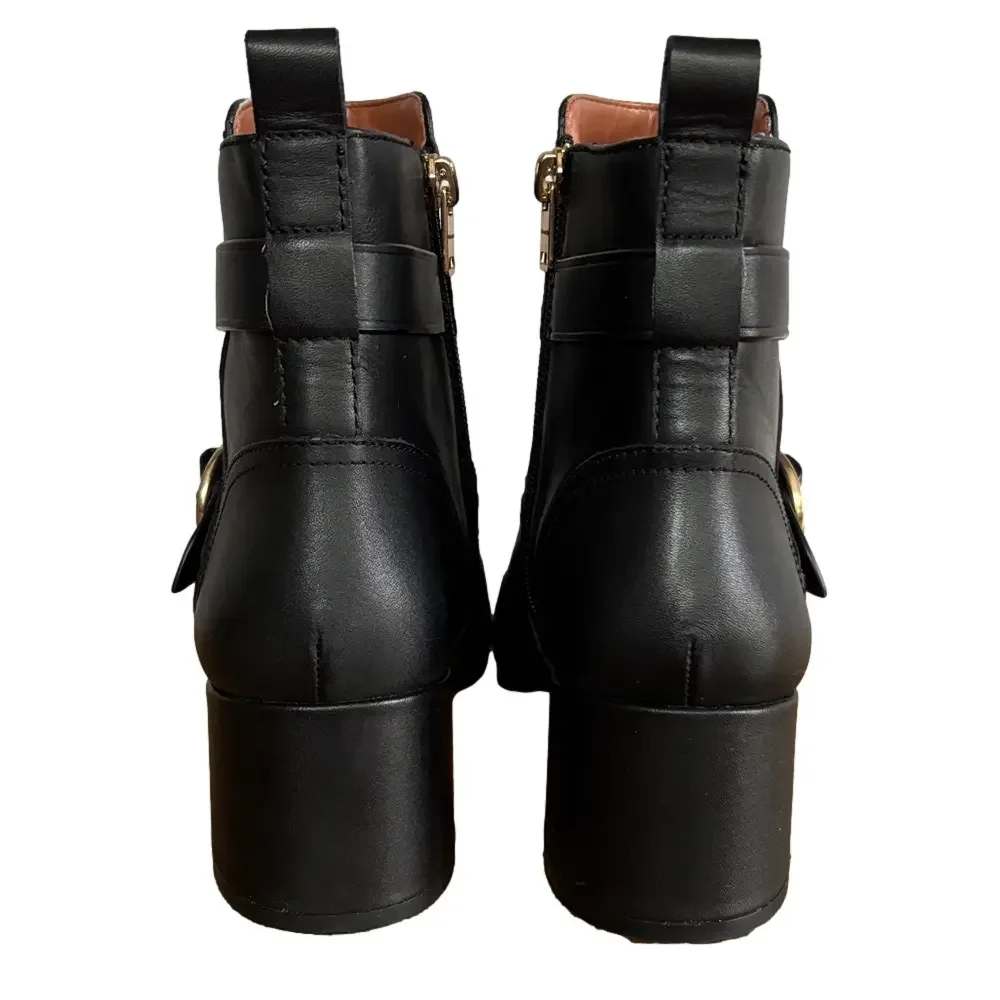 Coach Nadia Black Leather Ankle Boots Horse Carriage Buckle Block Heel 9.5